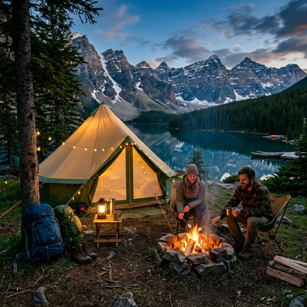 Two people roasting marshmallows beside a campfire near a lake with snowy mountains