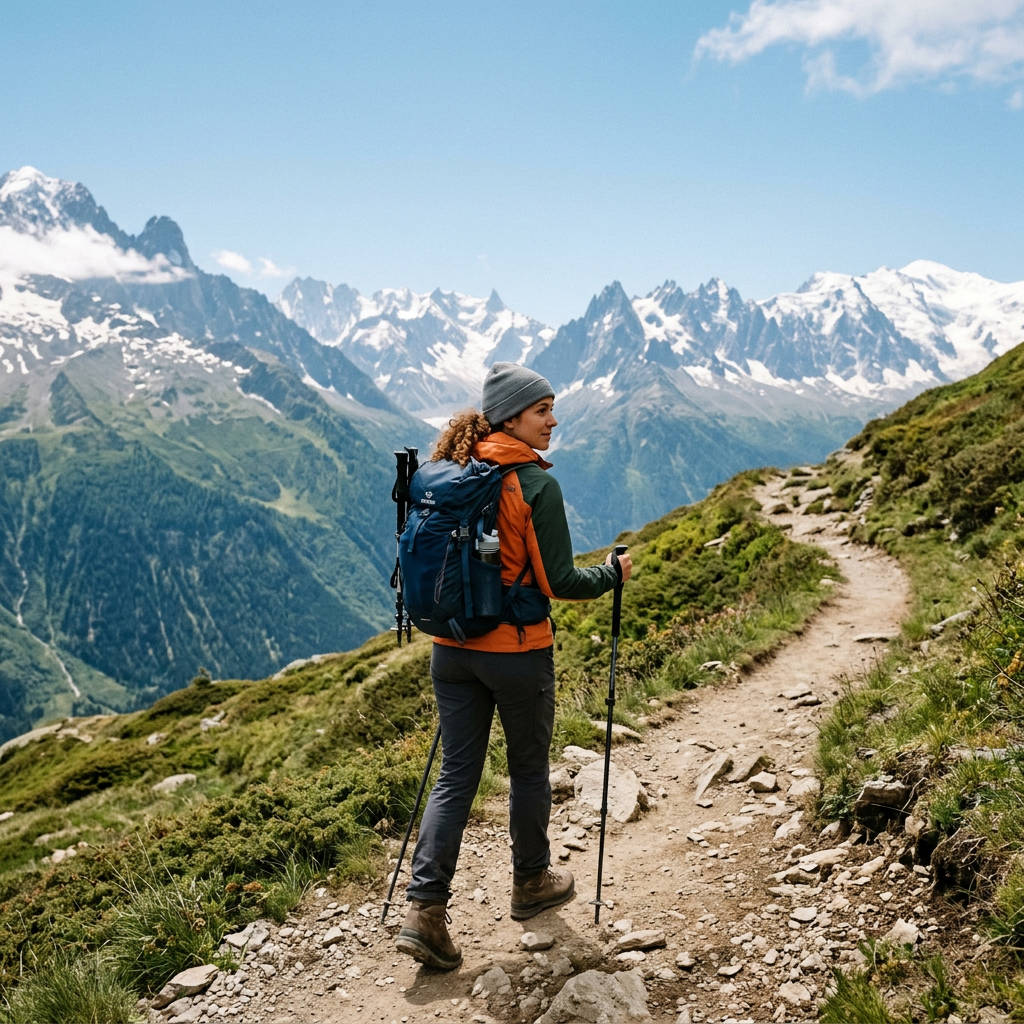 Hiker with backpack and poles standing on a mountain trail with snowy peaks in background