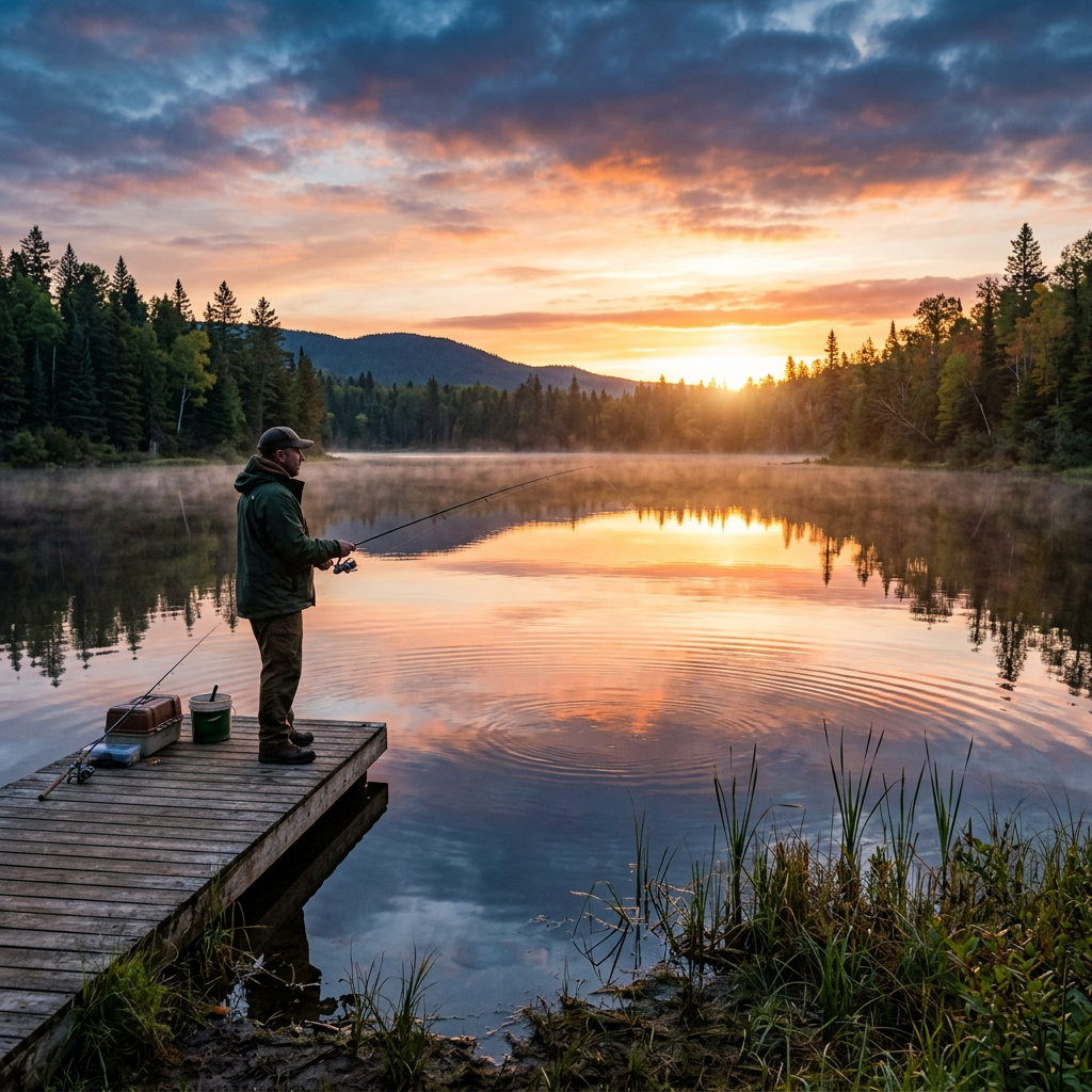 Man fishing on wooden dock at sunrise over calm lake with forest and mountains