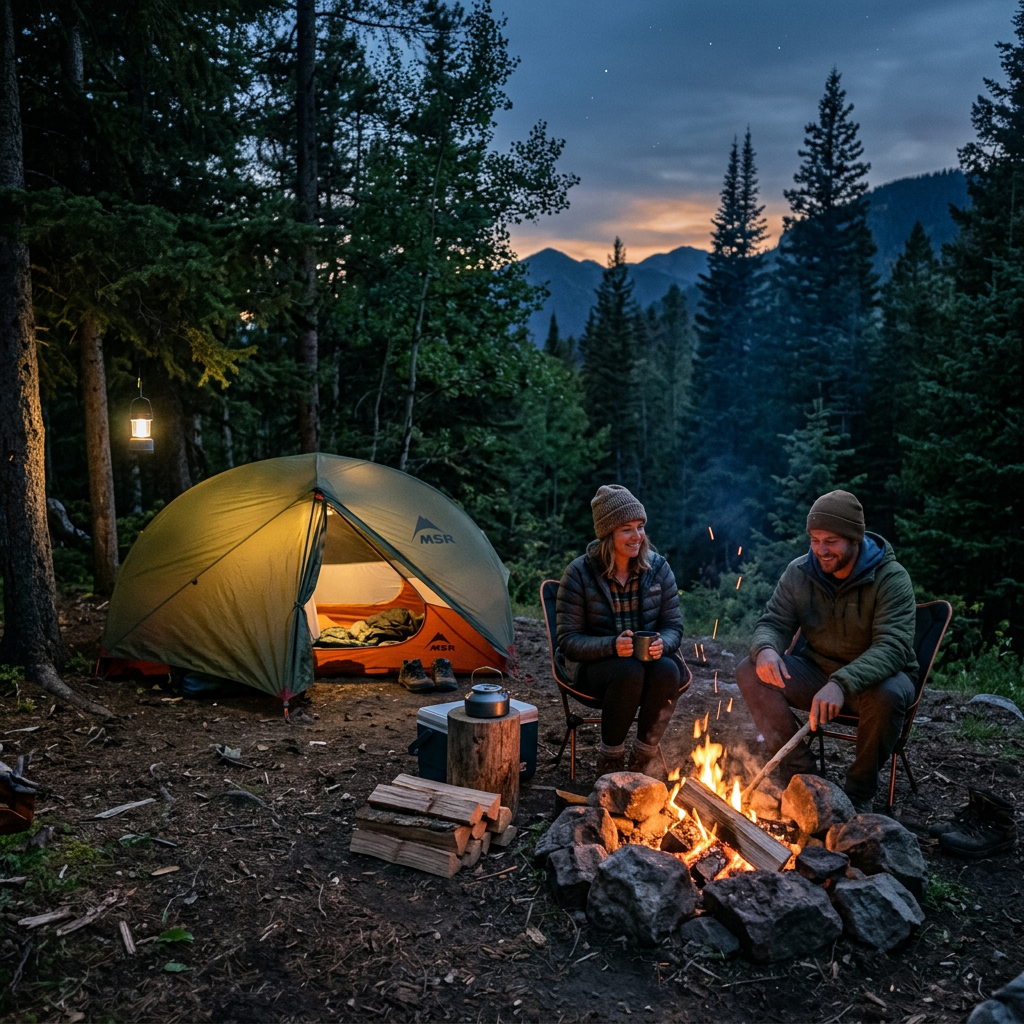 A couple sitting by a campfire near a tent in a forest at dusk with mountains in the background